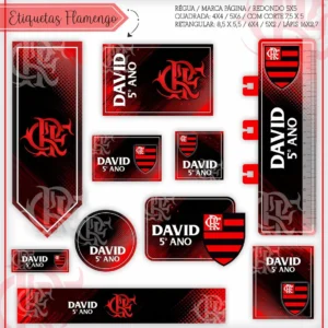Kit de etiquetas escolares personalizadas do Flamengo nos formatos Studio, PNG e PDF em alta resolução com escudo e elementos do time.