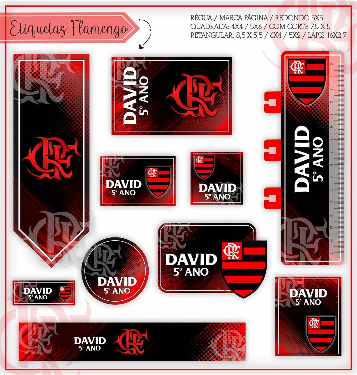 Kit de etiquetas escolares personalizadas do Flamengo nos formatos Studio, PNG e PDF em alta resolução com escudo e elementos do time.