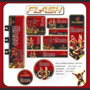 Kit de etiquetas escolares do Flash nos formatos Studio, PNG, CDR e PDF em alta resolução com o raio e elementos do herói.