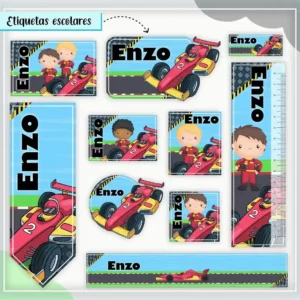 Kit de etiquetas escolares no tema Fórmula 1 nos formatos Studio, PNG e PDF em alta resolução com carros de corrida.