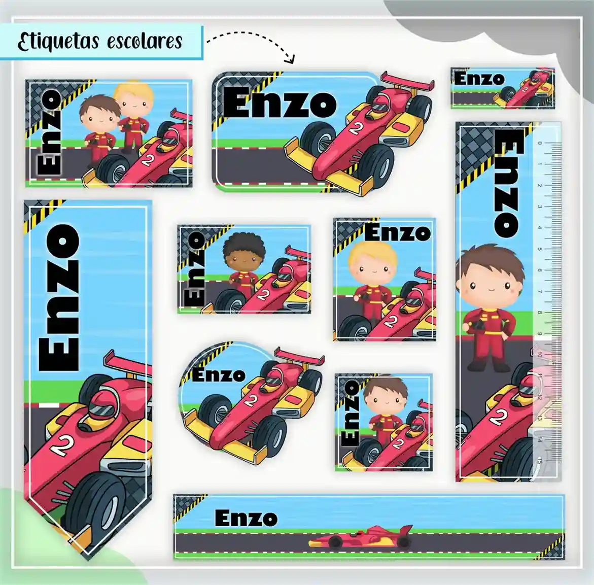 Kit de etiquetas escolares no tema Fórmula 1 nos formatos Studio, PNG e PDF em alta resolução com carros de corrida.
