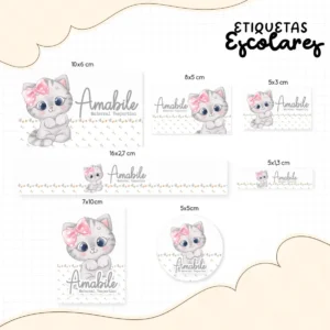 Kit de etiquetas escolares no tema Gatinha nos formatos Studio, PNG e PDF em alta resolução com patinhas e laços fofos.