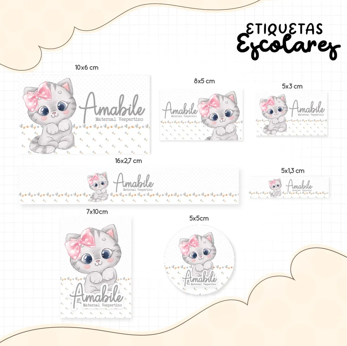 Kit de etiquetas escolares no tema Gatinha nos formatos Studio, PNG e PDF em alta resolução com patinhas e laços fofos.