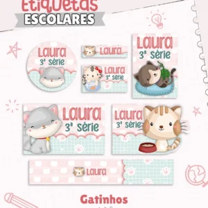 Kit de etiquetas escolares no tema Gatinhos nos formatos Studio, PNG e PDF em alta resolução com patinhas e gatos fofos.