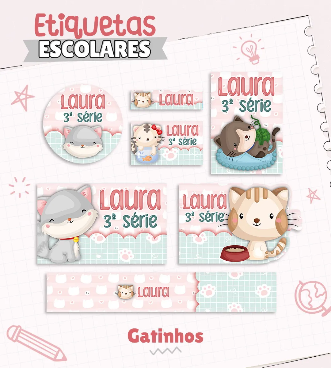 Kit de etiquetas escolares no tema Gatinhos nos formatos Studio, PNG e PDF em alta resolução com patinhas e gatos fofos.