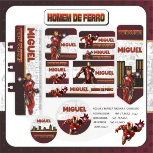 Kit de etiquetas escolares do Homem de Ferro nos formatos Studio, PNG e PDF em alta resolução com elementos dos Vingadores.