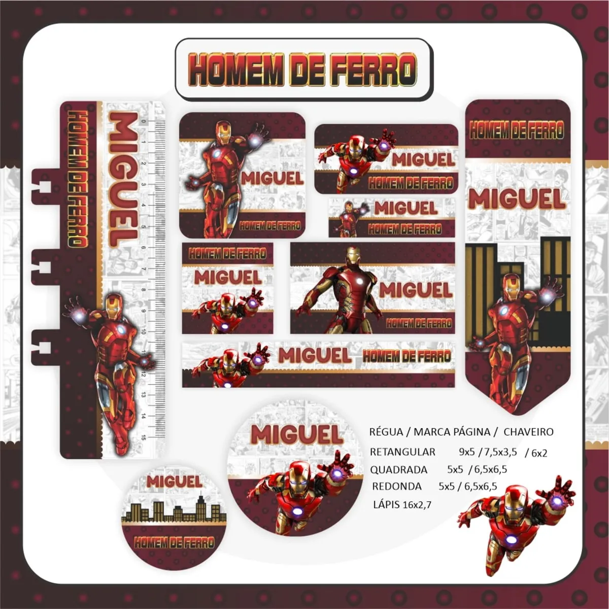 Kit de etiquetas escolares do Homem de Ferro nos formatos Studio, PNG e PDF em alta resolução com elementos dos Vingadores.