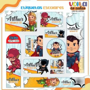 Kit de etiquetas escolares tema Liga da Justiça nos formatos Studio, PNG e PDF em alta resolução para cadernos.