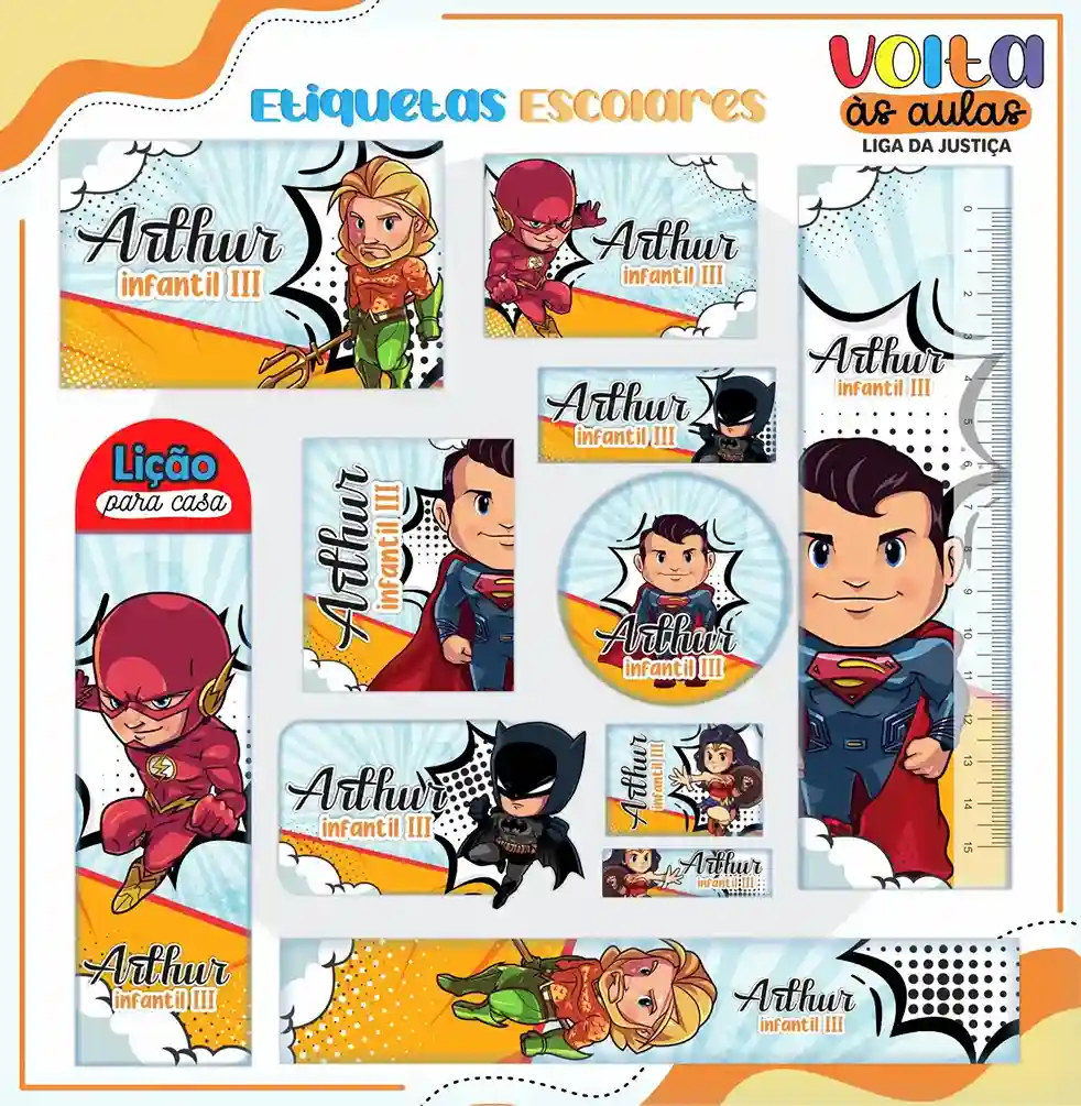 Kit de etiquetas escolares tema Liga da Justiça nos formatos Studio, PNG e PDF em alta resolução para cadernos.