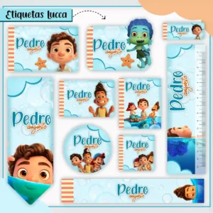 Kit de etiquetas escolares no tema Luca Disney nos formatos Studio, CDR, PNG e PDF em alta resolução para cadernos.