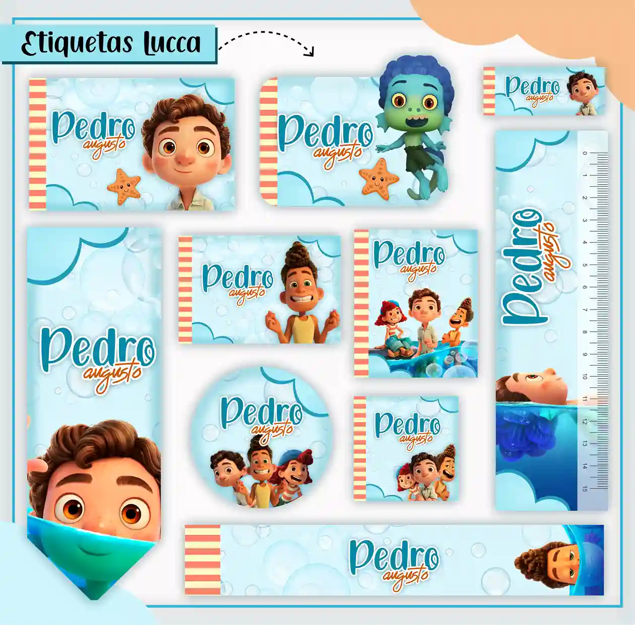 Kit de etiquetas escolares no tema Luca Disney nos formatos Studio, CDR, PNG e PDF em alta resolução para cadernos.