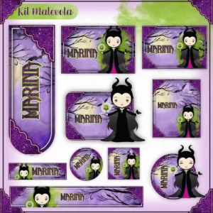 Kit de etiquetas escolares da Malévola nos formatos Studio, PNG, CDR e PDF em alta resolução com chifres e elementos góticos.