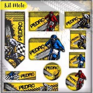 Kit de etiquetas escolares no tema Motocross nos formatos Studio, PNG, CDR e PDF em alta resolução com motos e capacetes.