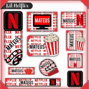 Kit de etiquetas escolares no tema Netflix nos formatos Studio, PNG, CDR e PDF em alta resolução com o logo do streaming.