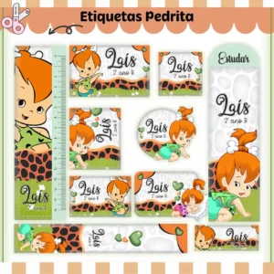 Kit de etiquetas escolares no tema Pedrita nos formatos Studio, PNG, CDR e PDF em alta resolução com o laço da pré-história.
