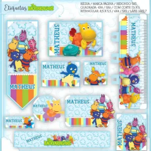 Kit de etiquetas escolares personalizadas no tema Backyardigans com Pablo, Tyrone, Uniqua, Tasha e Austin para materiais.