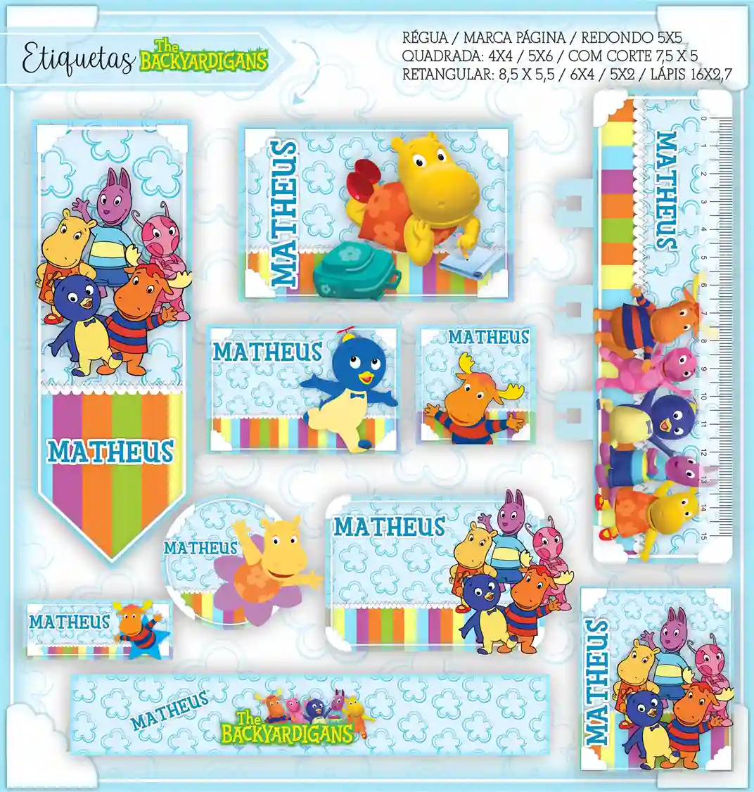 Kit de etiquetas escolares personalizadas no tema Backyardigans com Pablo, Tyrone, Uniqua, Tasha e Austin para materiais.