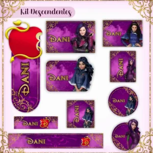 Kit de etiquetas escolares personalizadas no tema Descendentes com a imagem e elementos dos personagens Disney.