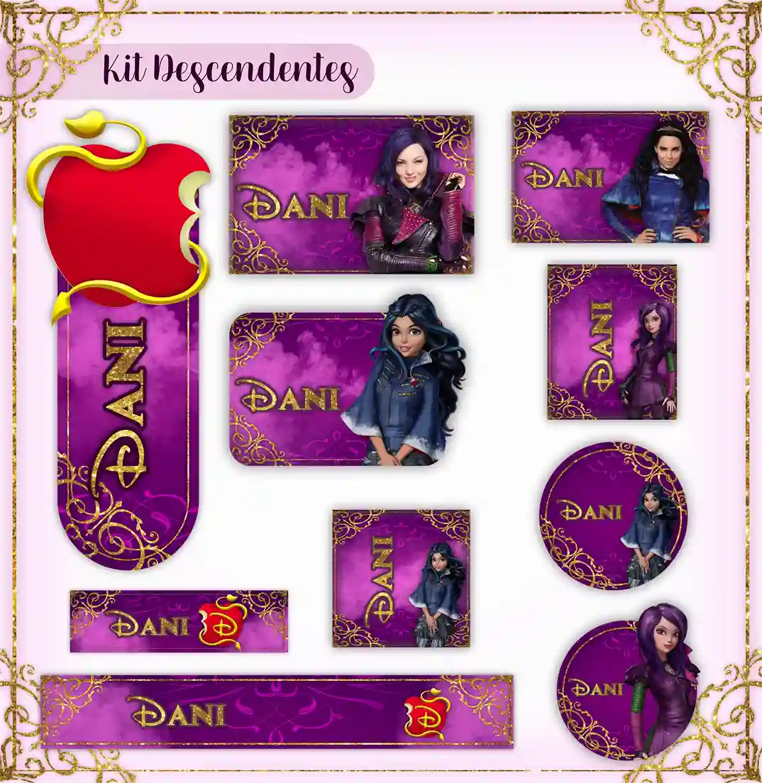Kit de etiquetas escolares personalizadas no tema Descendentes com a imagem e elementos dos personagens Disney.