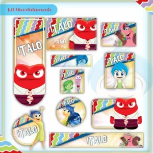 Kit de etiquetas escolares personalizadas no tema Divertidamente com as emoções para cadernos, livros e mimos escolares.