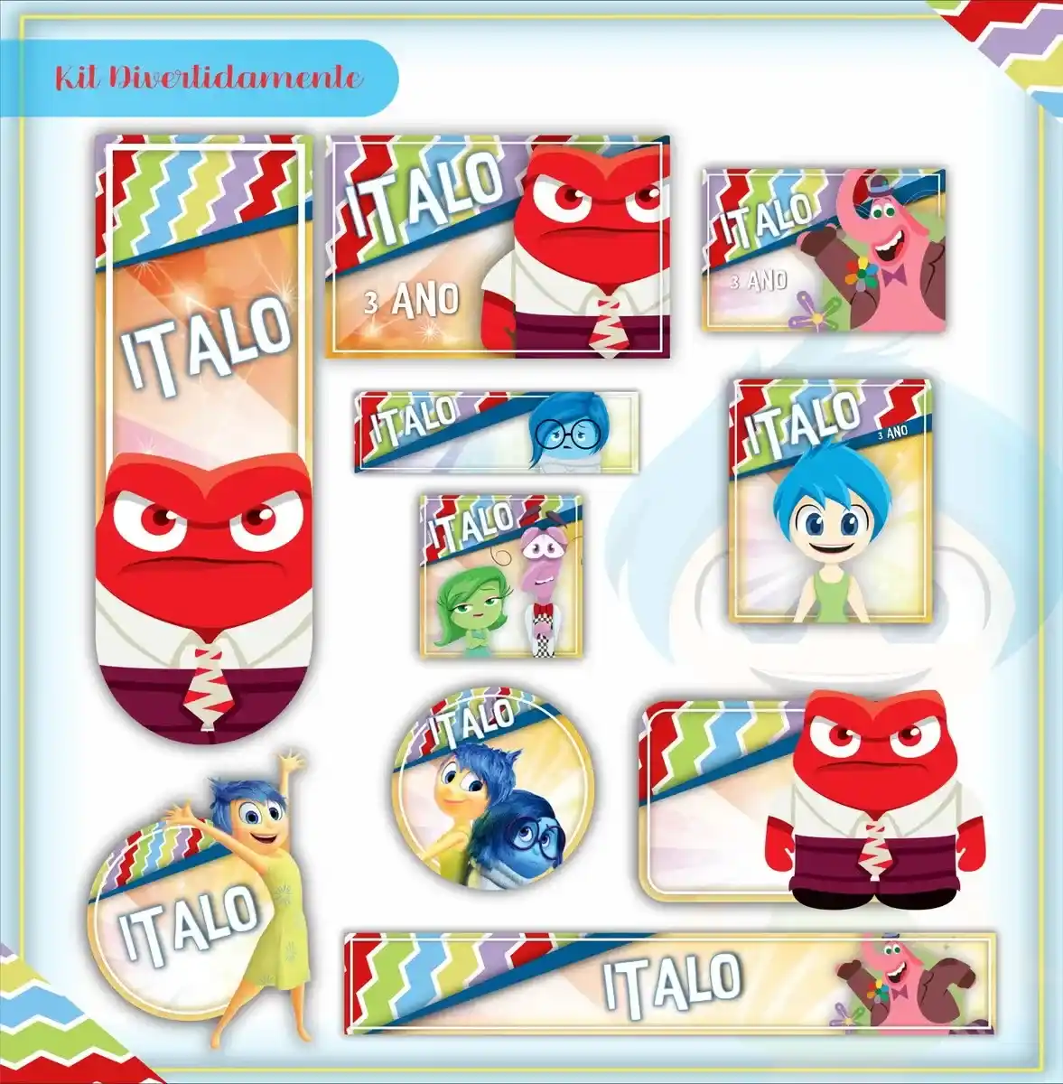 Kit de etiquetas escolares personalizadas no tema Divertidamente com as emoções para cadernos, livros e mimos escolares.