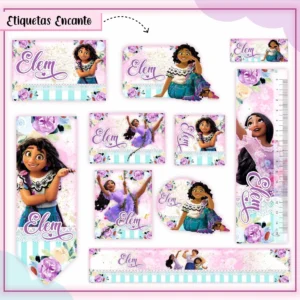 Kit de etiquetas escolares personalizadas no tema Encanto Disney com moldes prontos e ilustrações da família Madrigal.