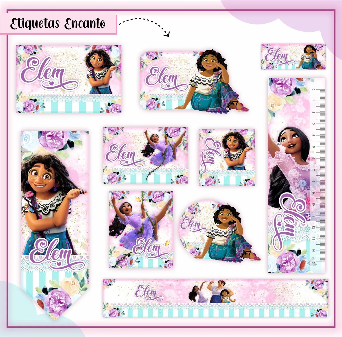 Kit de etiquetas escolares personalizadas no tema Encanto Disney com moldes prontos e ilustrações da família Madrigal.
