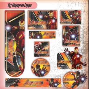 Kit de etiquetas escolares personalizadas do Homem de Ferro em formato Studio com moldes prontos da armadura do herói Marvel.
