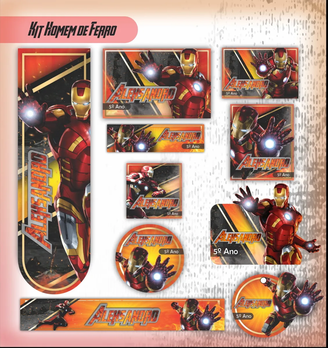 Kit de etiquetas escolares personalizadas do Homem de Ferro em formato Studio com moldes prontos da armadura do herói Marvel.