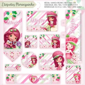 Kit de etiquetas escolares personalizadas no tema Moranguinho com ilustrações doces e delicadas para cadernos e livros.