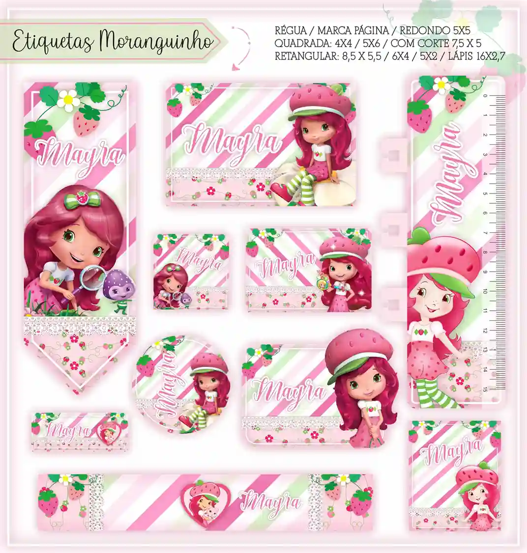 Kit de etiquetas escolares personalizadas no tema Moranguinho com ilustrações doces e delicadas para cadernos e livros.
