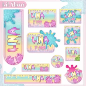 Kit de etiquetas escolares personalizadas no tema Slime Rosa com detalhes divertidos e coloridos para cadernos e livros.