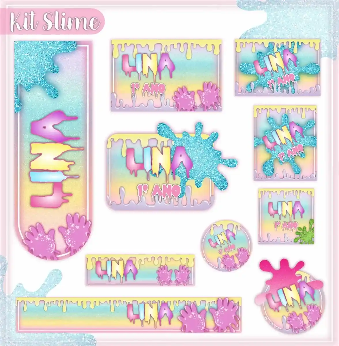 Kit de etiquetas escolares personalizadas no tema Slime Rosa com detalhes divertidos e coloridos para cadernos e livros.
