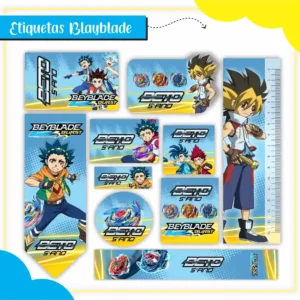 Kit de etiquetas escolares personalizadas no tema Beyblade com ilustrações dos piões de batalha para materiais.