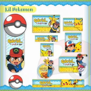 Kit de etiquetas escolares no tema Pikachu nos formatos Studio, PNG, CDR e PDF em alta resolução com o personagem de Pokemon.