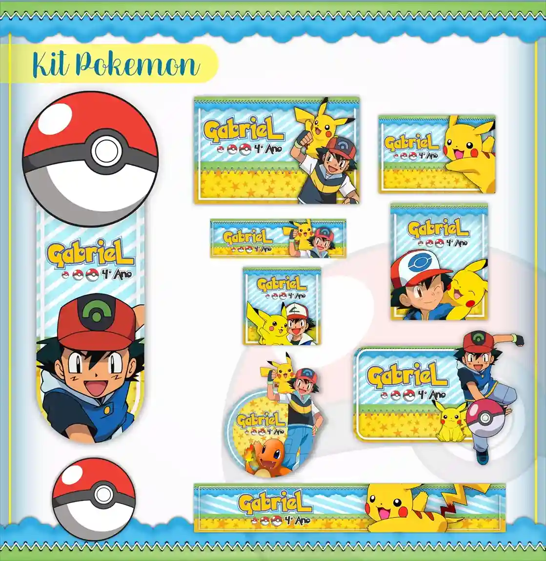 Kit de etiquetas escolares no tema Pikachu nos formatos Studio, PNG, CDR e PDF em alta resolução com o personagem de Pokemon.