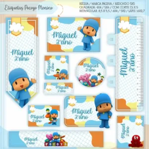 Kit de etiquetas escolares no tema Pocoyo nos formatos Studio, PNG, CDR e PDF em alta resolução com Pocoyo, Pato e Elly.
