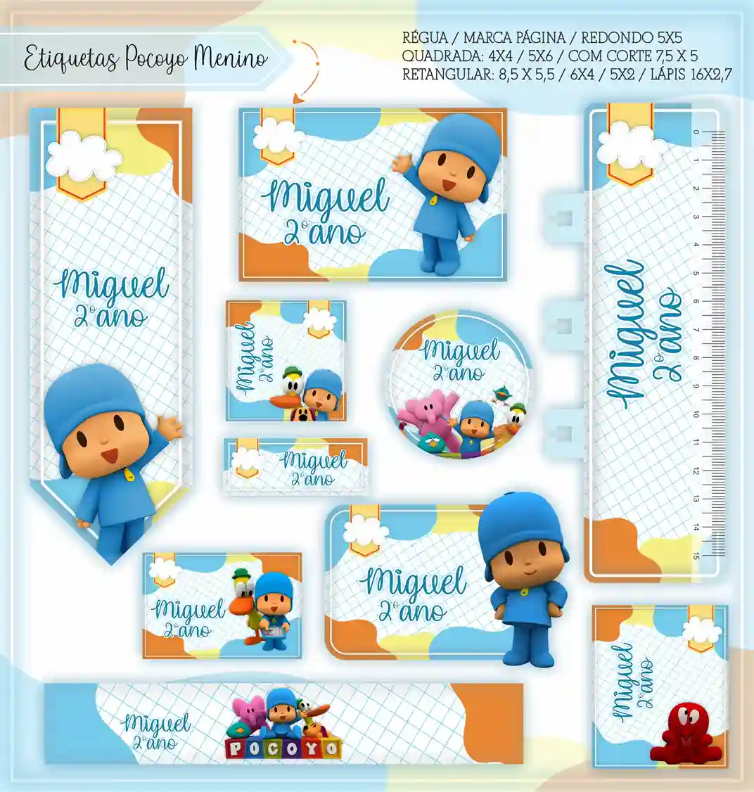 Kit de etiquetas escolares no tema Pocoyo nos formatos Studio, PNG, CDR e PDF em alta resolução com Pocoyo, Pato e Elly.