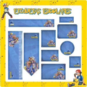 Kit de etiquetas escolares no tema Pokemon em formato Studio para corte na Silhouette com Pikachu e Pokebolas.
