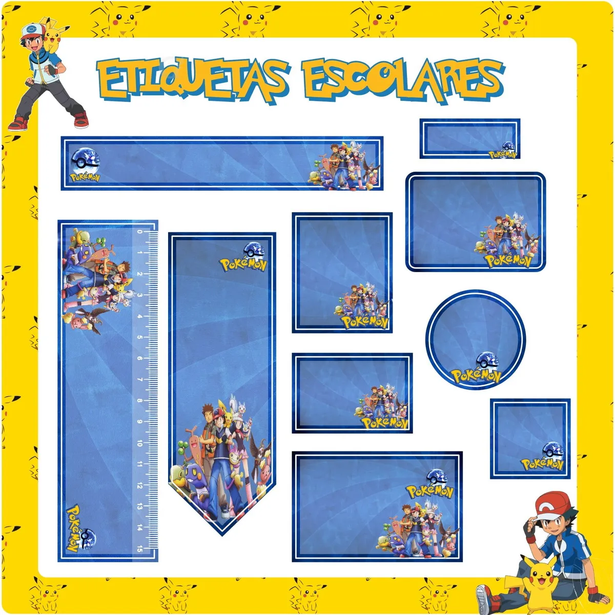 Kit de etiquetas escolares no tema Pokemon em formato Studio para corte na Silhouette com Pikachu e Pokebolas.