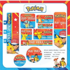 Kit de etiquetas escolares no tema Pokemon nos formatos Studio, PNG e PDF em alta resolução com Pikachu e Pokebolas.