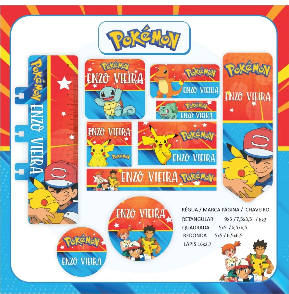 Kit de etiquetas escolares no tema Pokemon nos formatos Studio, PNG e PDF em alta resolução com Pikachu e Pokebolas.