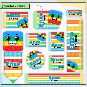 Kit de etiquetas escolares no tema Pop It nos formatos Studio, PNG, CDR e PDF em alta resolução com elementos coloridos.