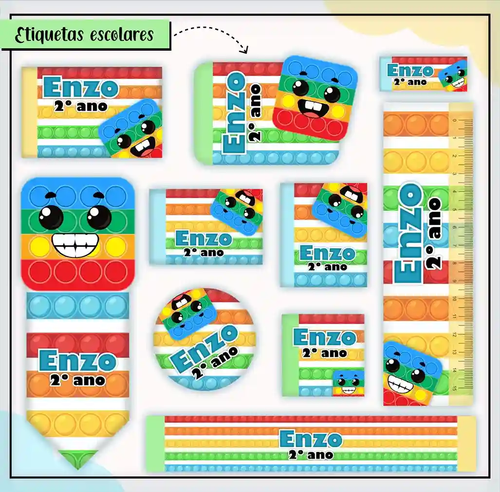Kit de etiquetas escolares no tema Pop It nos formatos Studio, PNG, CDR e PDF em alta resolução com elementos coloridos.