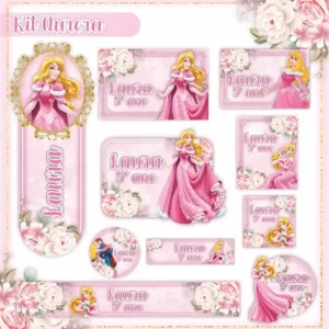 Kit de etiquetas escolares no tema Princesa Aurora nos formatos Studio, PNG e PDF em alta resolução com a Bela Adormecida.