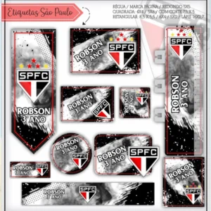 Kit de etiquetas escolares do São Paulo nos formatos Studio, PNG, CDR e PDF em alta resolução com o escudo do tricolor.