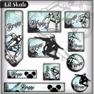 Kit de etiquetas escolares no tema Skate nos formatos Studio, CDR, PNG e PDF em alta resolução com elementos radicais.