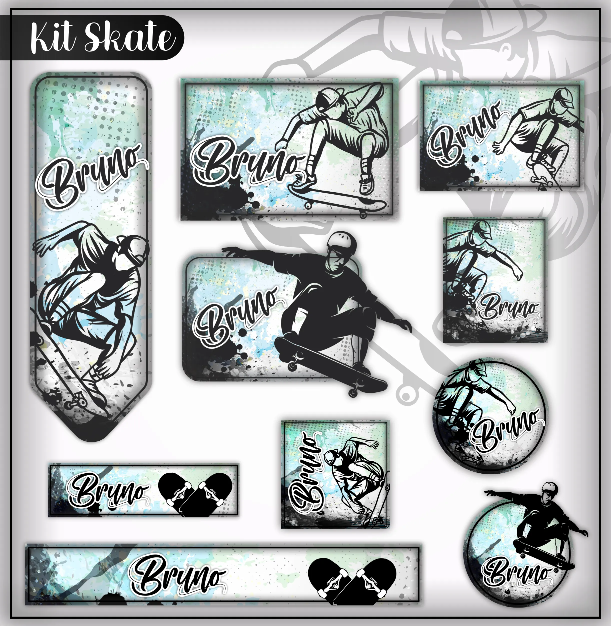 Kit de etiquetas escolares no tema Skate nos formatos Studio, CDR, PNG e PDF em alta resolução com elementos radicais.