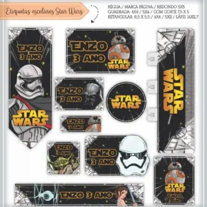 Kit de etiquetas escolares no tema Star Wars nos formatos Studio, PNG, CDR e PDF em alta resolução para cadernos.