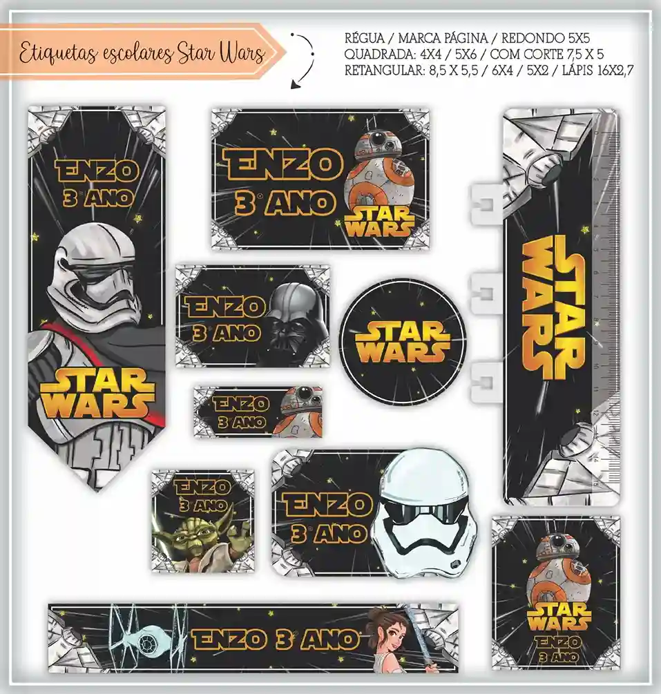 Kit de etiquetas escolares no tema Star Wars nos formatos Studio, PNG, CDR e PDF em alta resolução para cadernos.